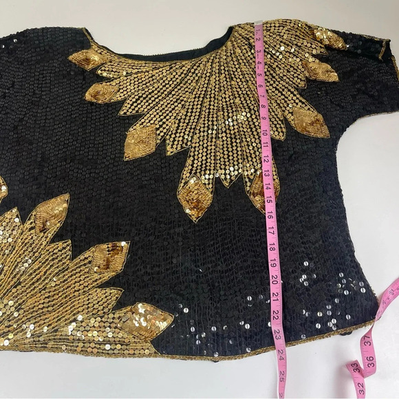 CeeCee Silk Blouse Womens Medium Black Gold Bead Sequin Formal VTG - Picture 7 of 8